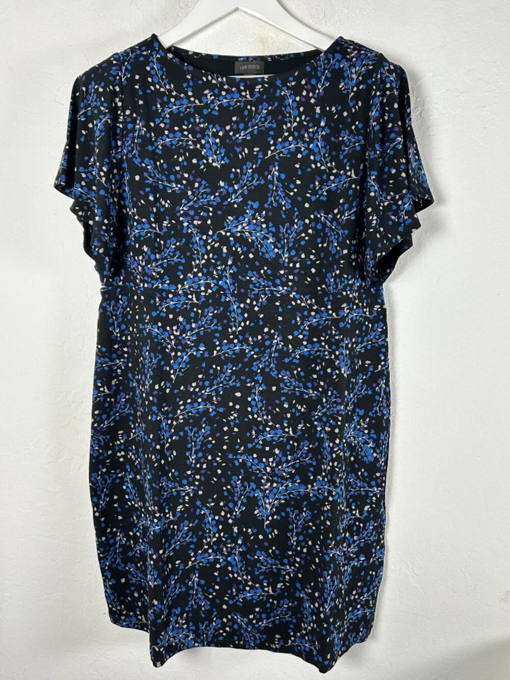 J.Jill Black Blue Floral Knit Dress Size MP Medium Petite Stretch Cap Sleeve New